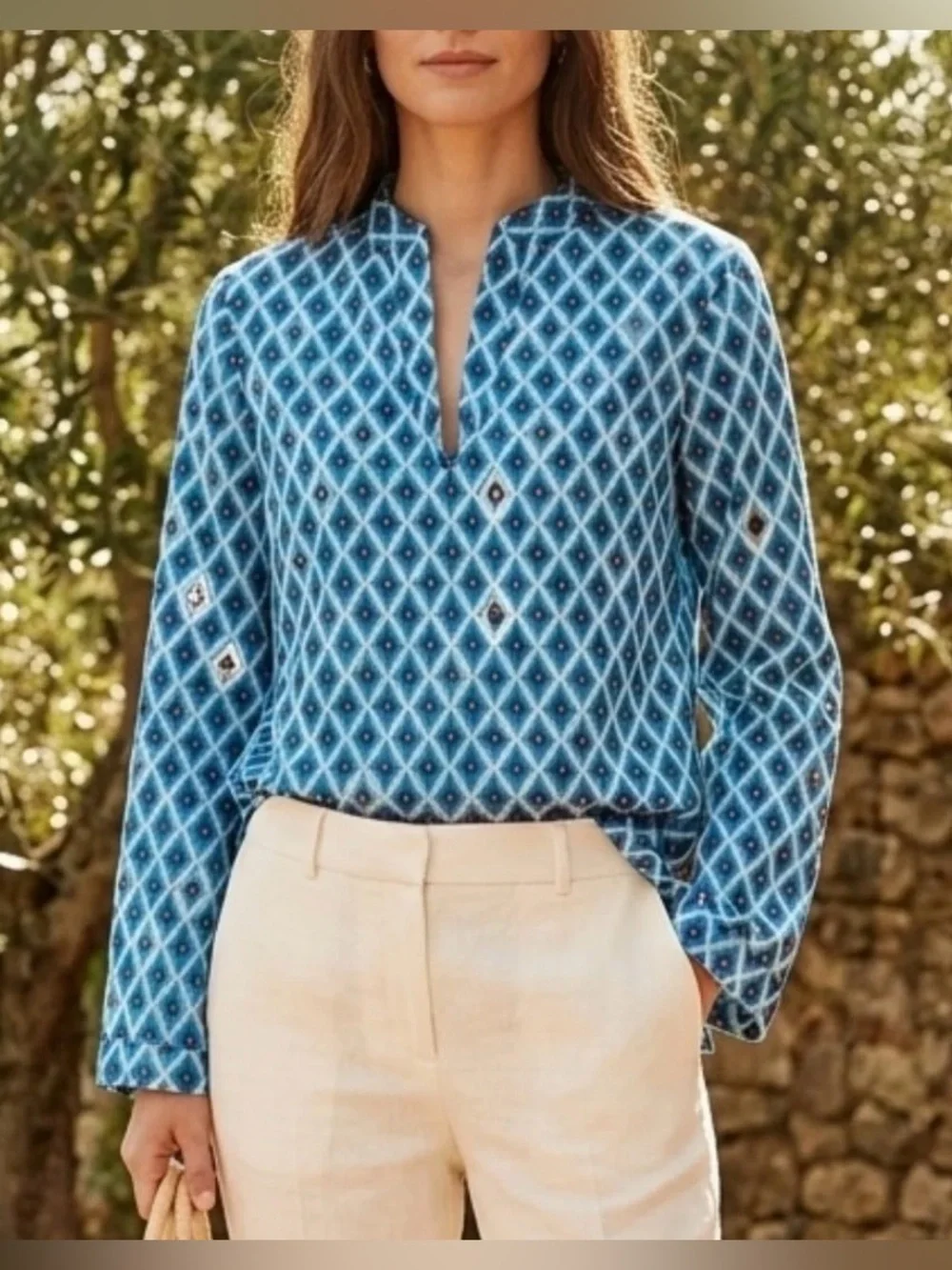 TORY BURCH Diamond-Print Notch V-Neck Tunic Top